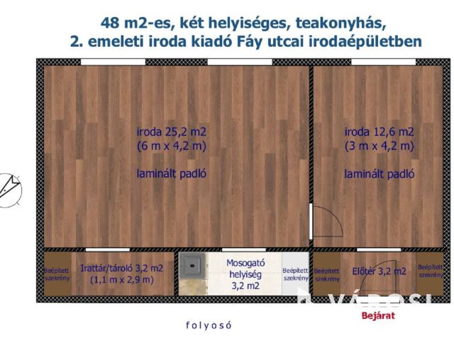 48 m2-es, két helyiséges, teakonyhás, 2.emeleti iroda